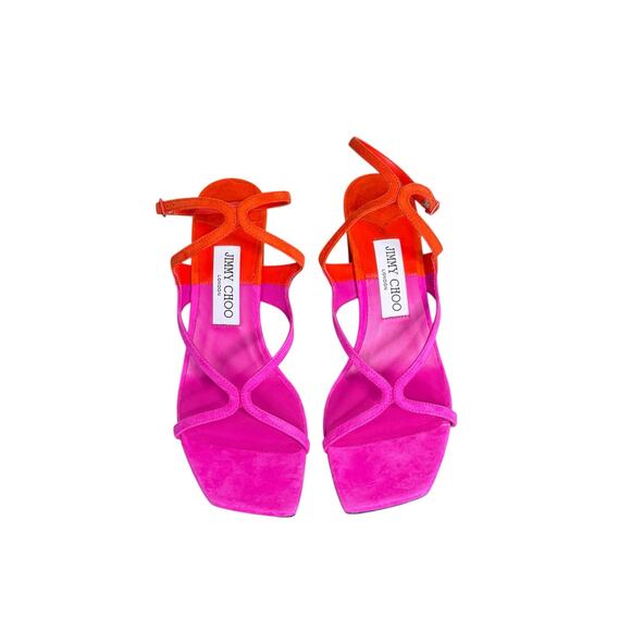 Jimmy Choo NIB Azia 85mm Two-Tone Sandals in Fuchsia and Paprika Size 38.5 - Picture 4 of 9